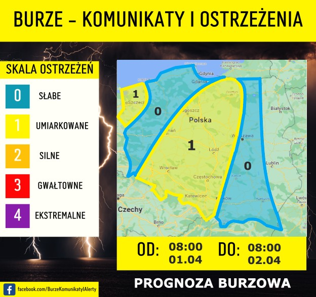 Prognoza burzowa na 01.04.2024 i noc z 01/02.04.2024. Możliwe silniejsze burze w Polsce., Prognoza burzowa na 01.04.2024 i noc z 01/02.04.2024. Możliwe silniejsze burze w Polsce.
